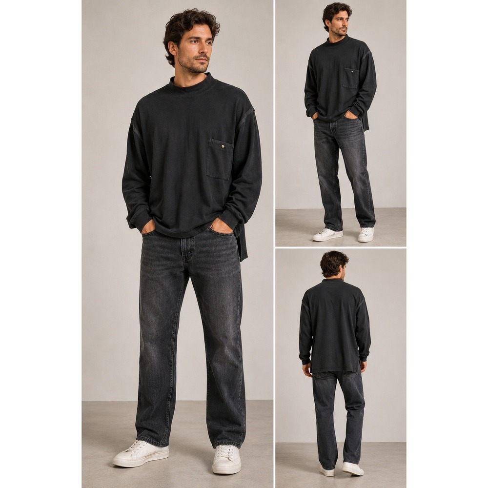 Axis Mens Size M Black Mock Neck Long Sleeve Pocket T-Shirt 100% Combed Cotton